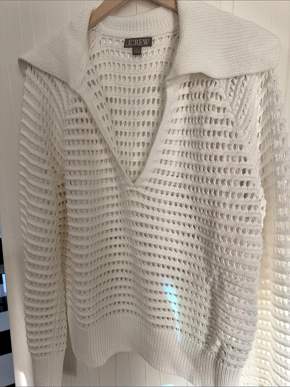 J.Crew Crochet Sailor-Collar Sweater Open-Knit V-Neck Sweater in White Like New